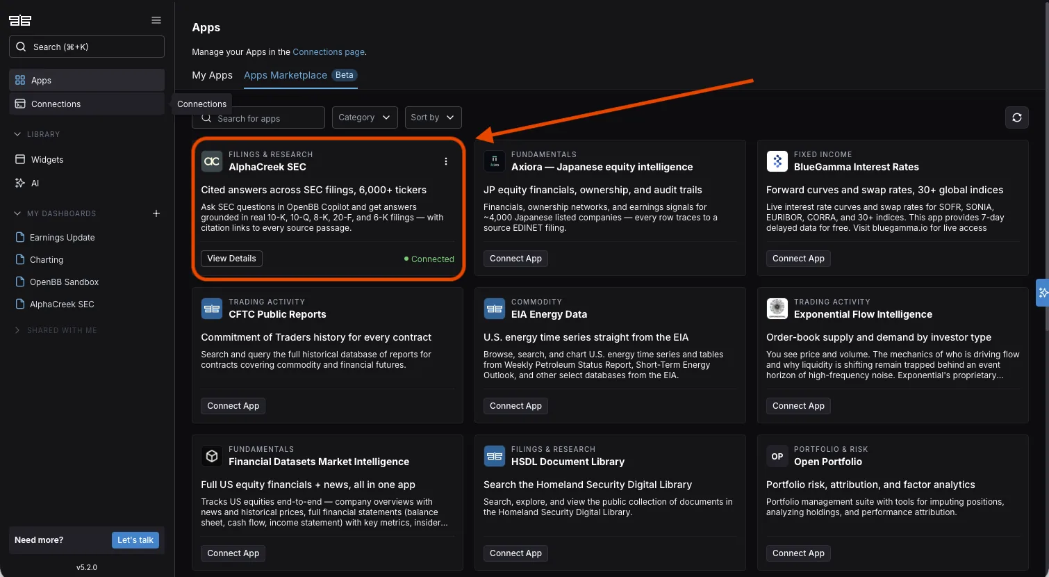 OpenBB marketplace showing AlphaCreek